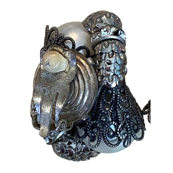 Vintage Napier Silver Tone Clip-On Earrings With Faux Pearls & Rhinestones - Picture 5 of 10